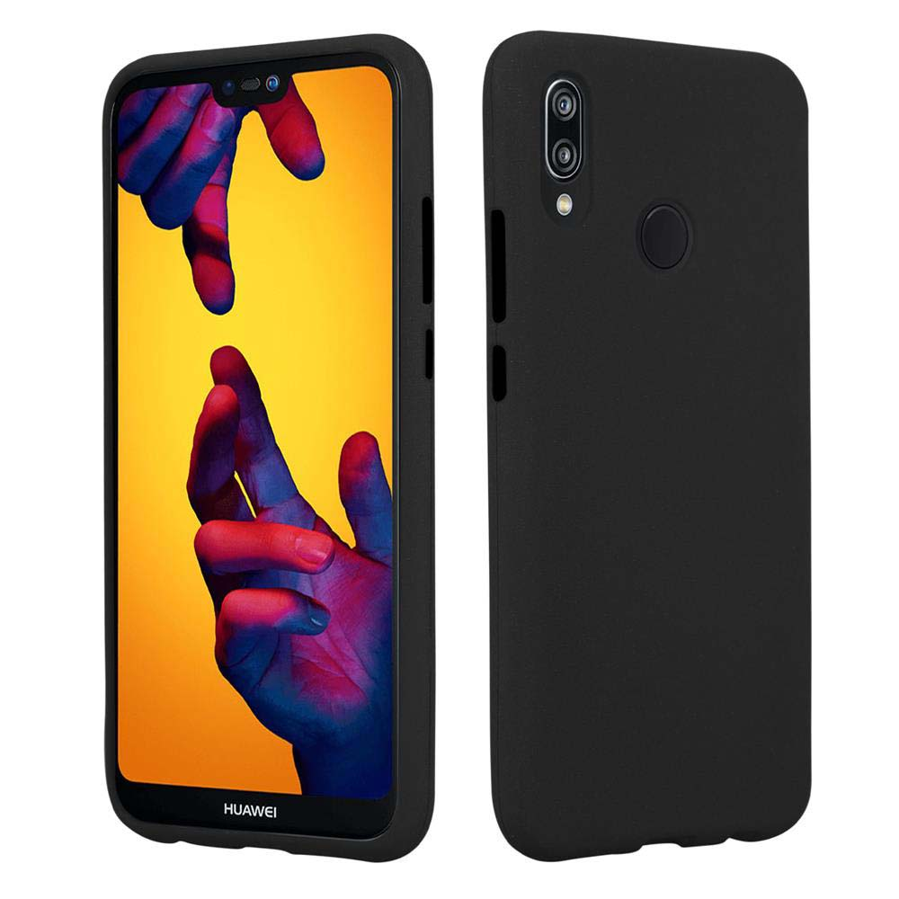 Un telefono nero in una custodia. Il telefono mostra un'immagine colorata.