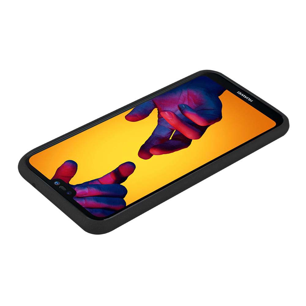 Custodia nera per telefono con schermo che mostra mani e sfondo arancione.