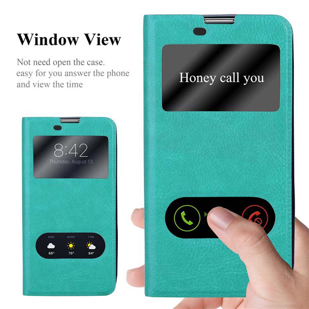 Funda teal con ventana que muestra una notificación de llamada y la hora en el teléfono.