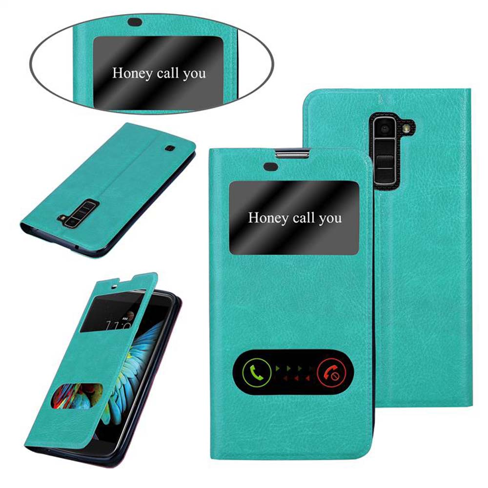 Una funda de teléfono verde azulado con una pantalla que dice 'Honey call you'. Se muestran varias vistas.