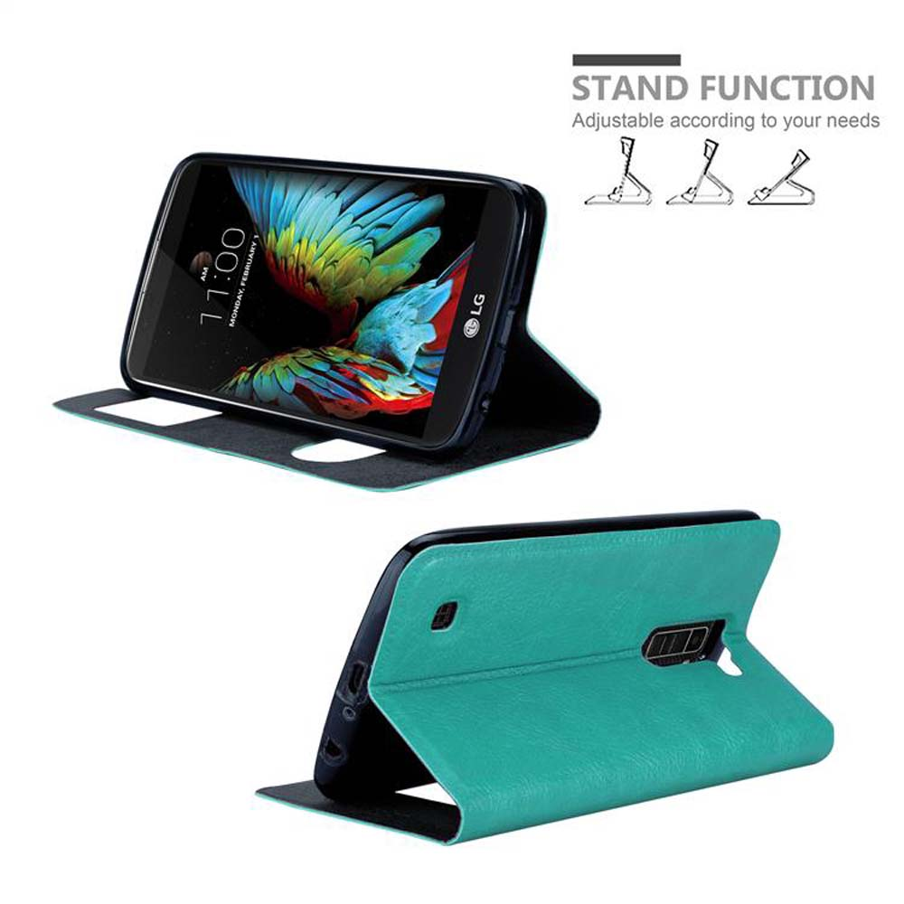 Smartphone en una funda, en dos posiciones, con iconos de función de soporte.