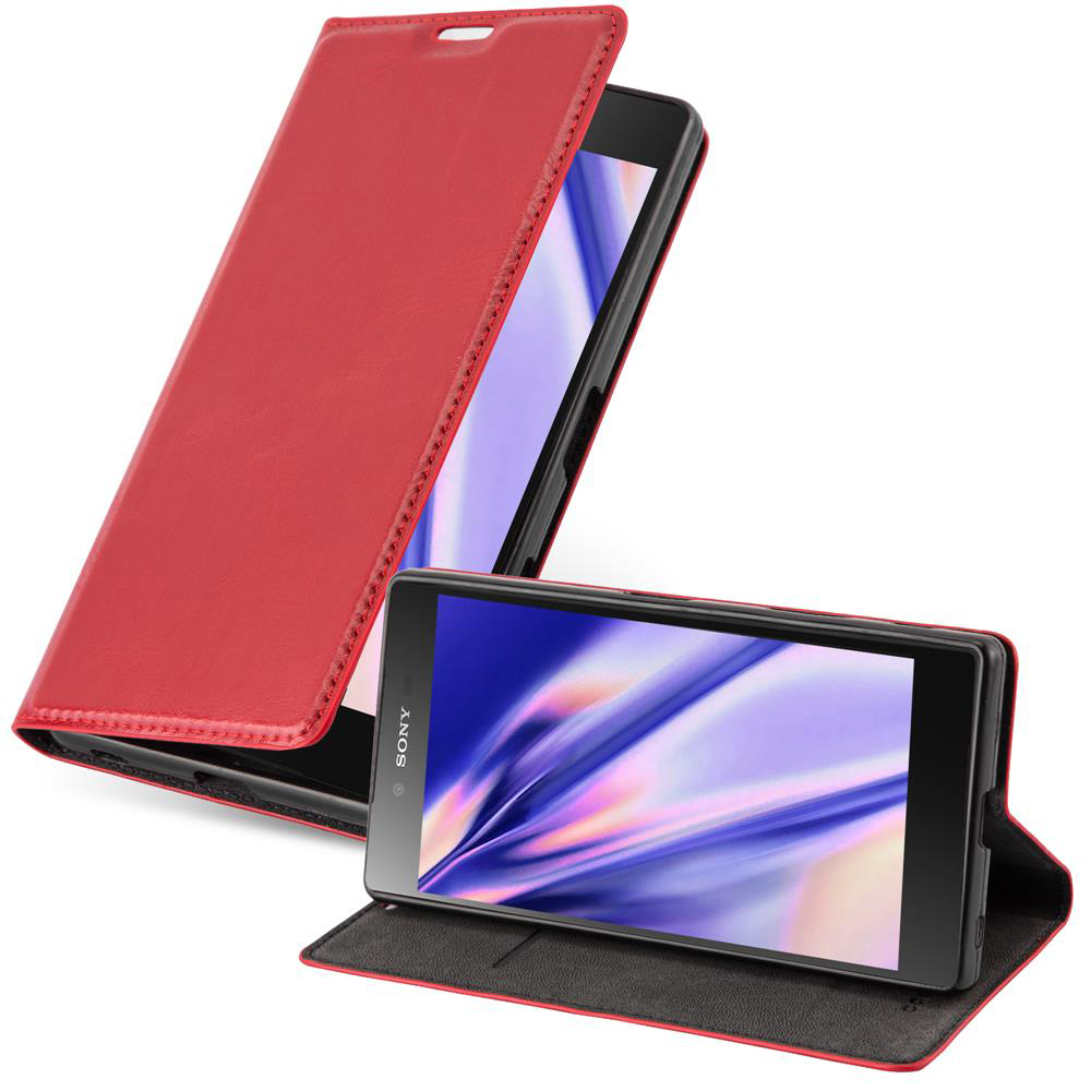 Funda de teléfono de cuero rojo con teléfono dentro.