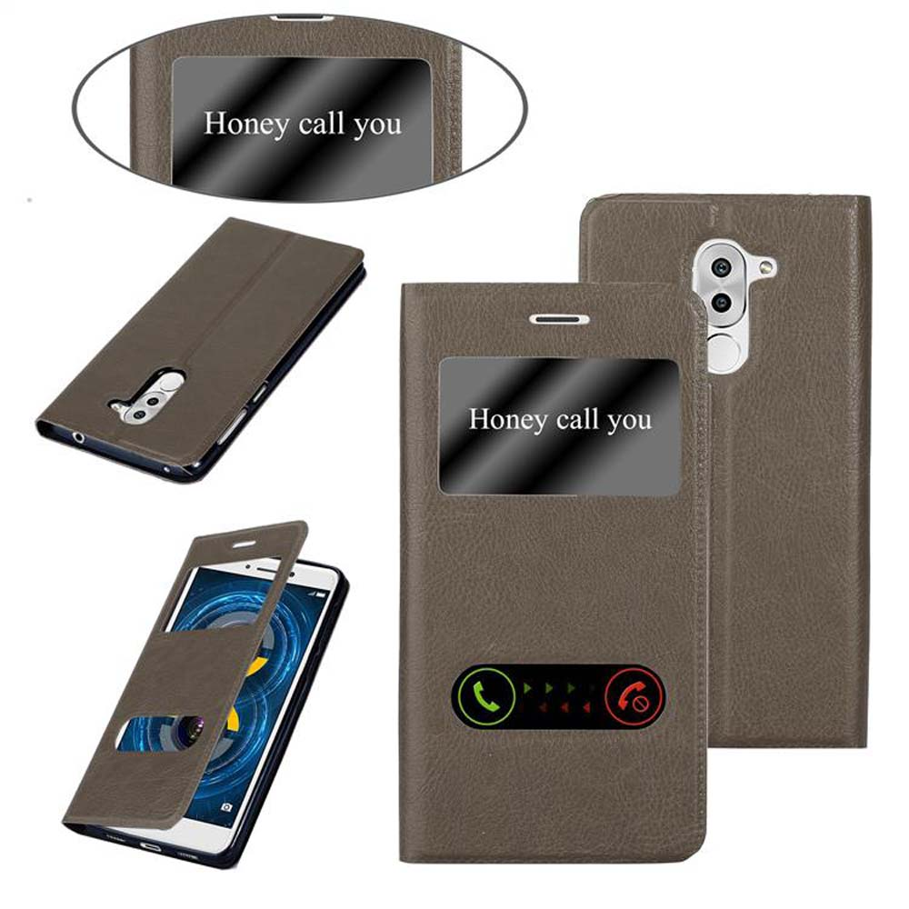 Custodia per telefono marrone con finestra che dice 'Honey call you' con icone telefoniche, su sfondo bianco.