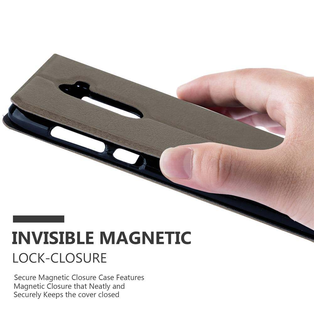 Custodia del telefono aperta, che rivela l'interno nero del telefono, con testo di chiusura magnetica.