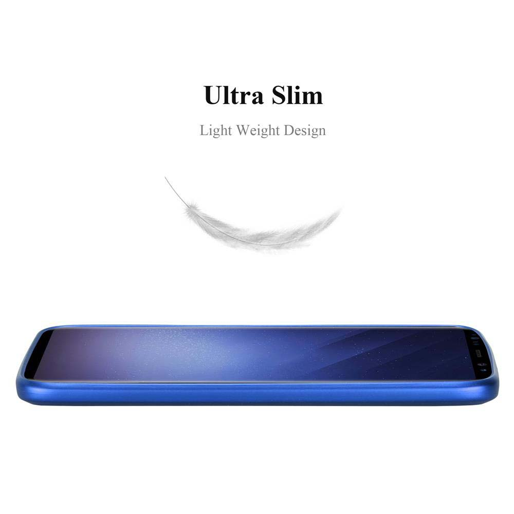 Telefono o tablet blu, vista laterale. Grafica piuma bianca e testo: Ultra Slim, Light Weight Design.