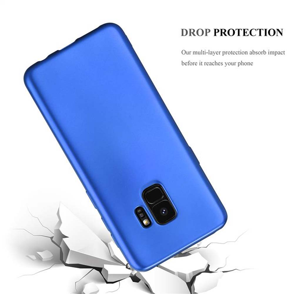 Custodia blu per telefono che rompe il cemento. Il testo dice protezione dalle cadute.