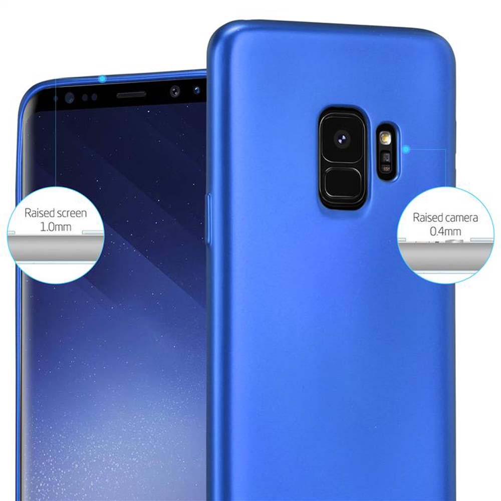 Custodia blu per telefono con telefono all'interno. Protezione schermo e fotocamera.