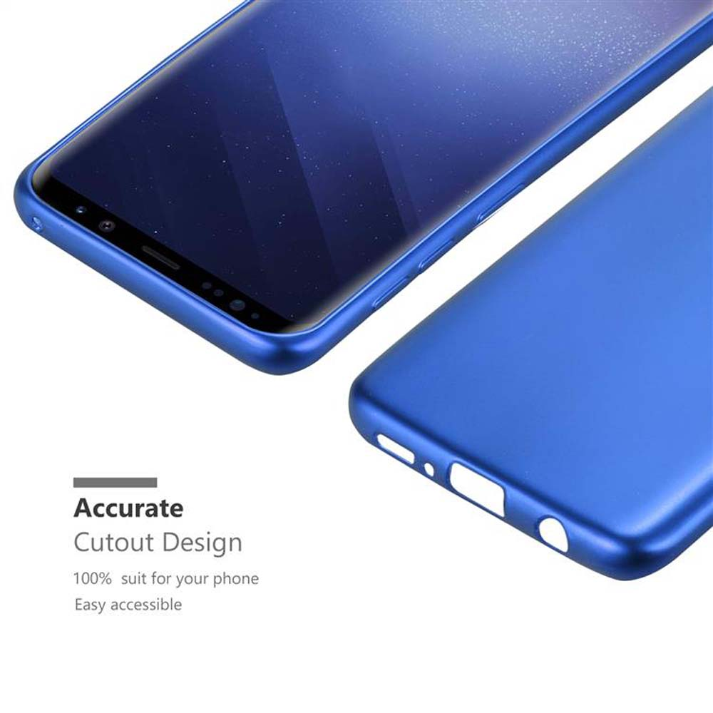 Una custodia blu per telefono su una superficie bianca, con uno schermo del telefono e un primo piano della custodia.