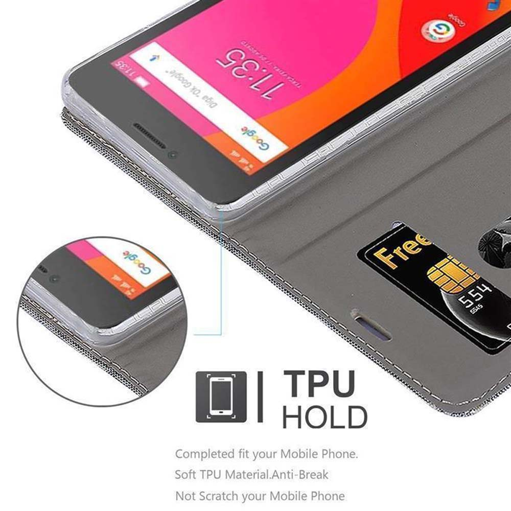 Handyhülle mit Telefon, Display, grauer Hülle und Karte.