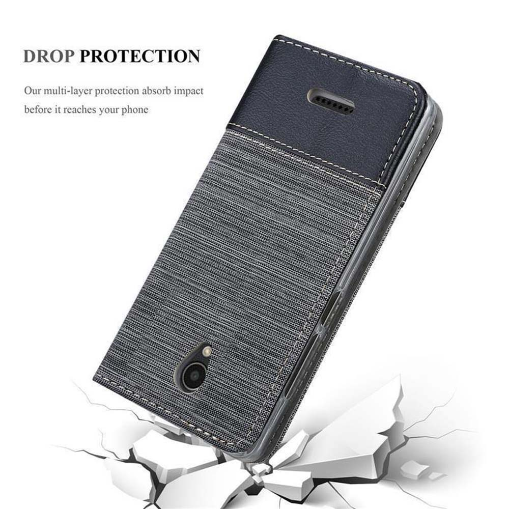 Schwarz-graue Handyhülle auf weißer Oberfläche, mit Text 'DROP PROTECTION' und rissiger Oberfläche.