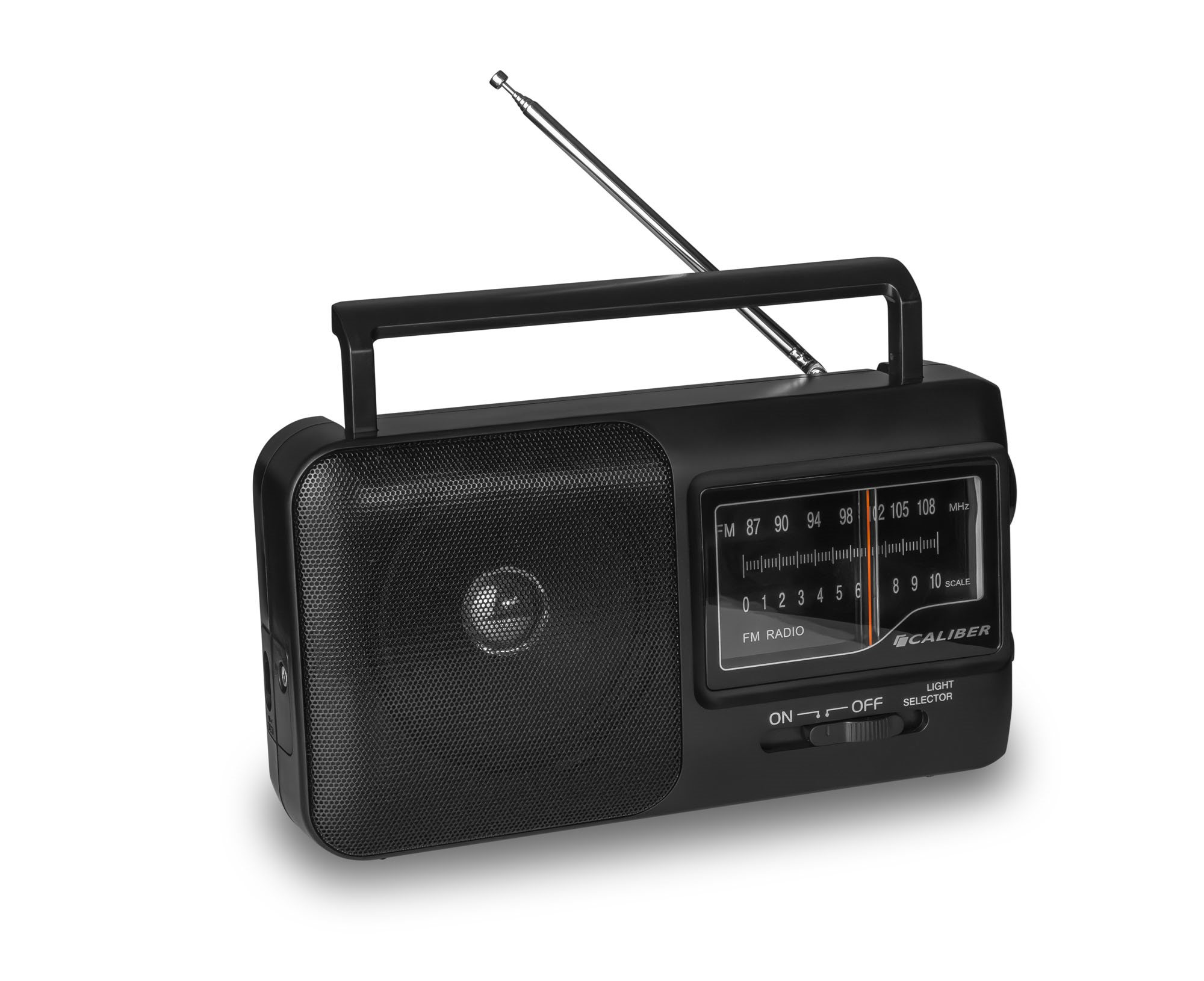 Black portable radio with antenna. Shows buttons, dial, and the Caliber brand.