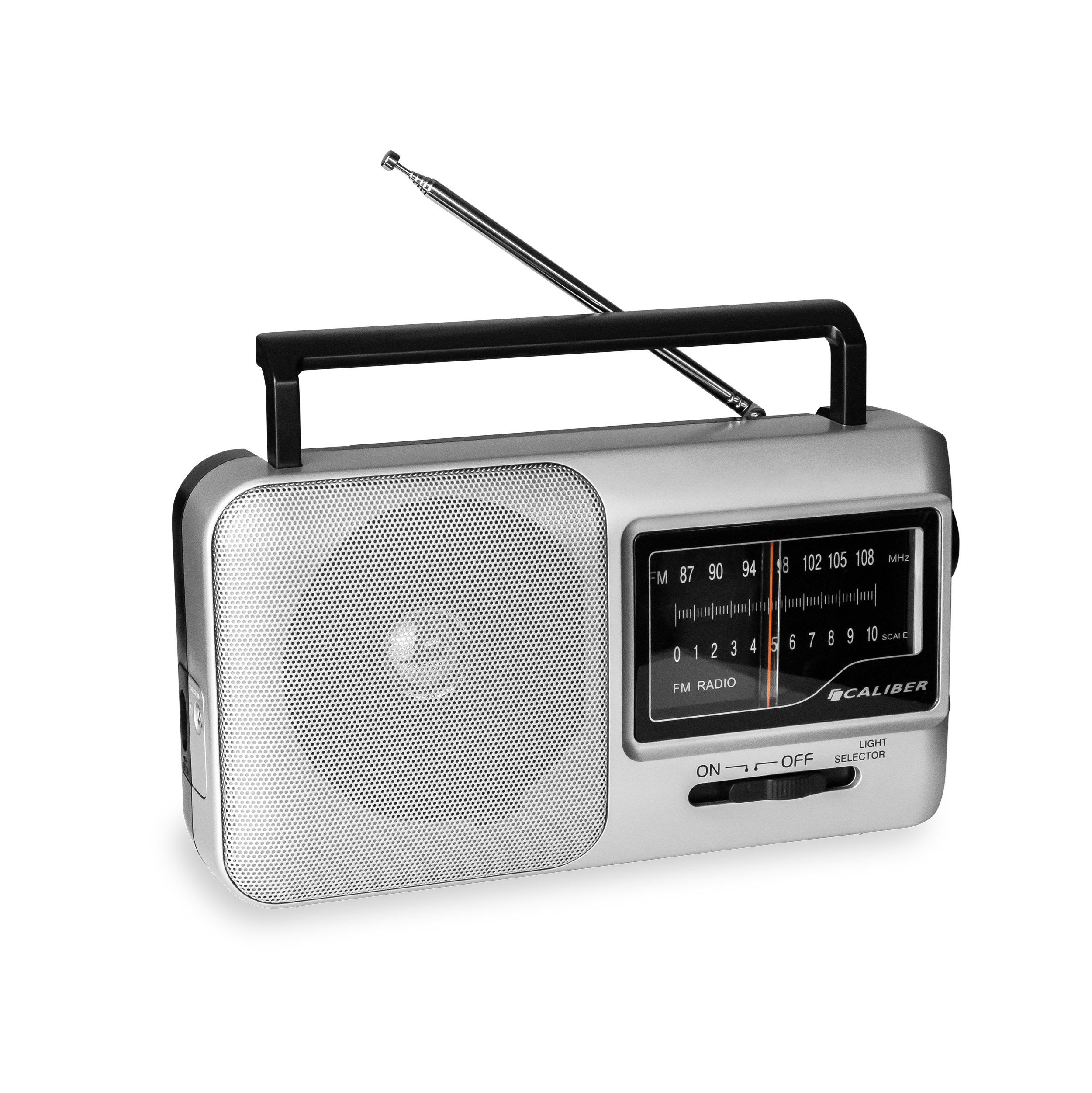 A silver radio with a black handle and dial. It is on a white background.