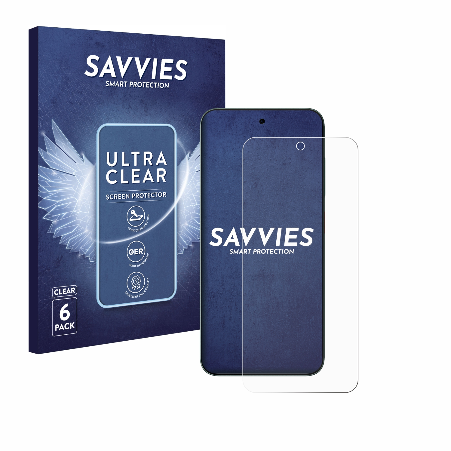 Displayschutzfolienbox mit Telefon und Schutzfolie. Box sagt Savvies, Schutzfolien sind klar.