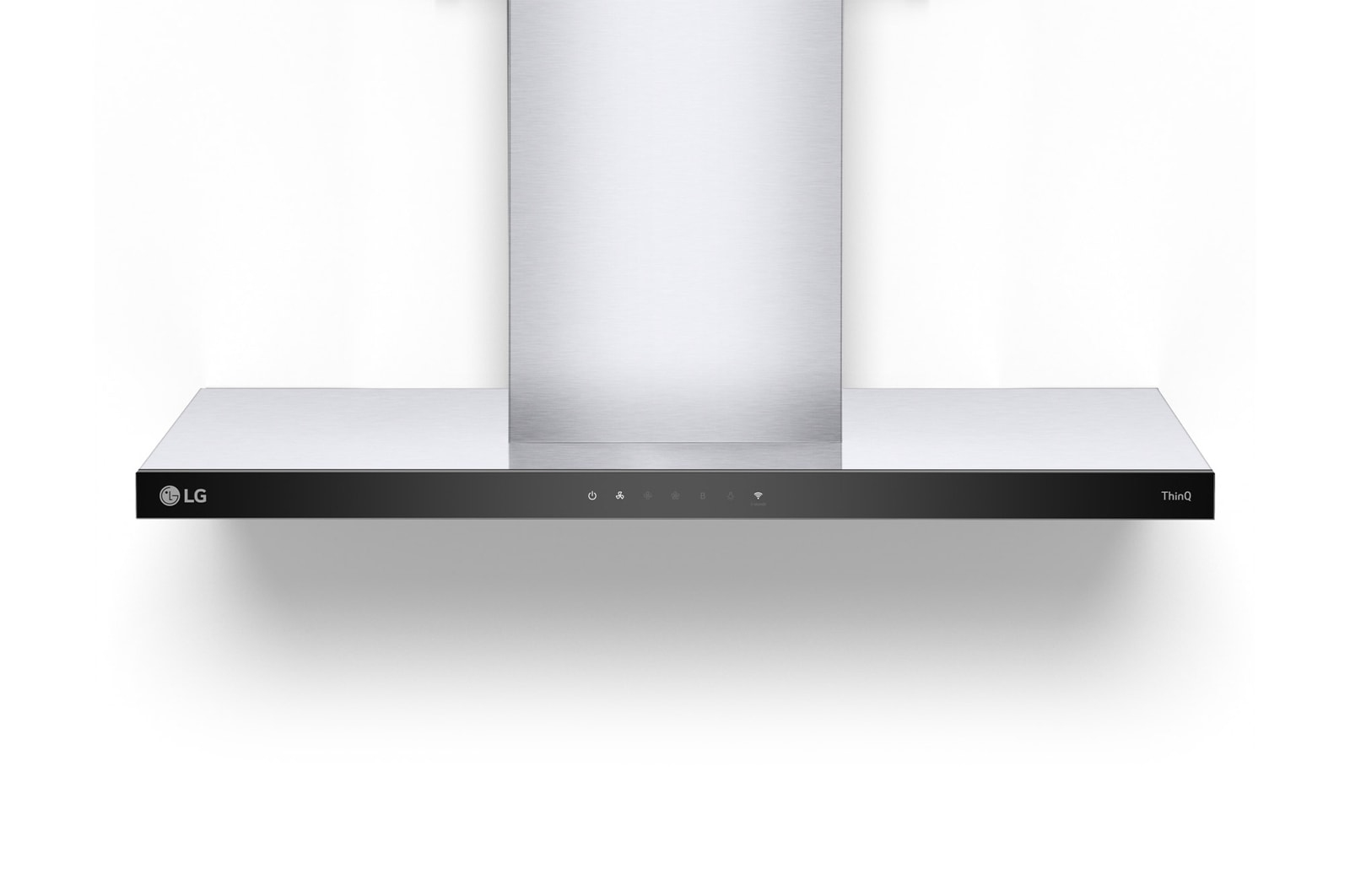 Cappa da cucina LG, finitura in acciaio inox, con pannello di controllo nero e logo LG.