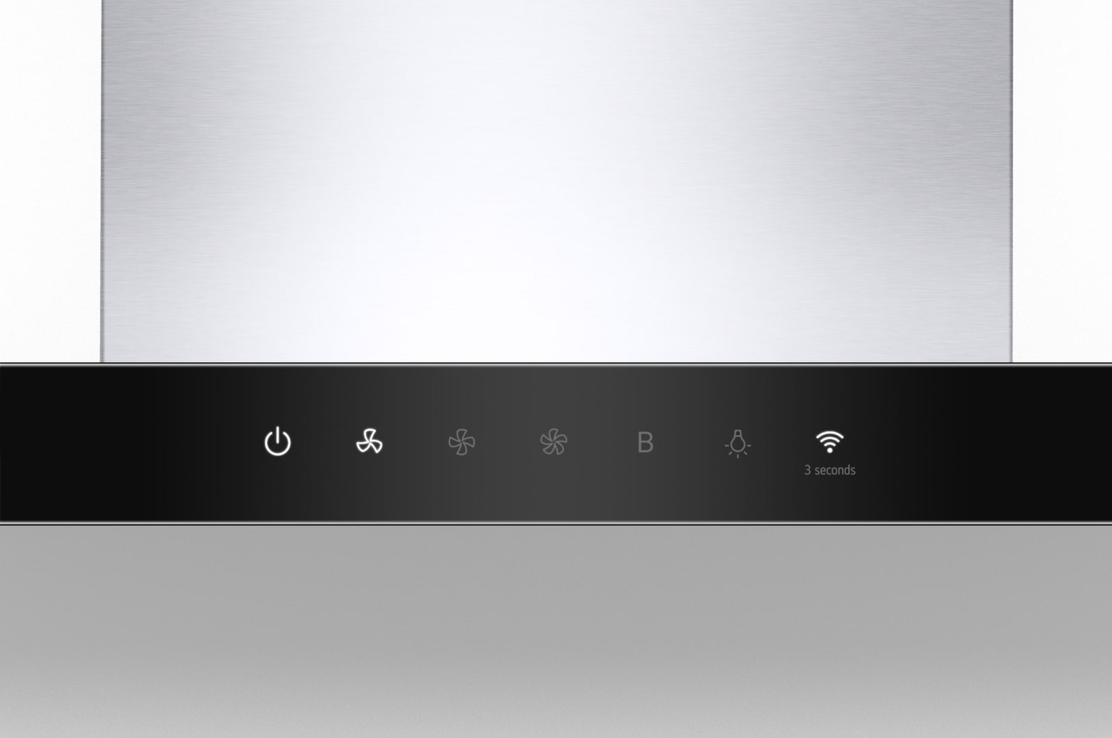 Cappa in acciaio inossidabile con comandi touch. Visualizza potenza, ventola, luci e Wi-Fi.