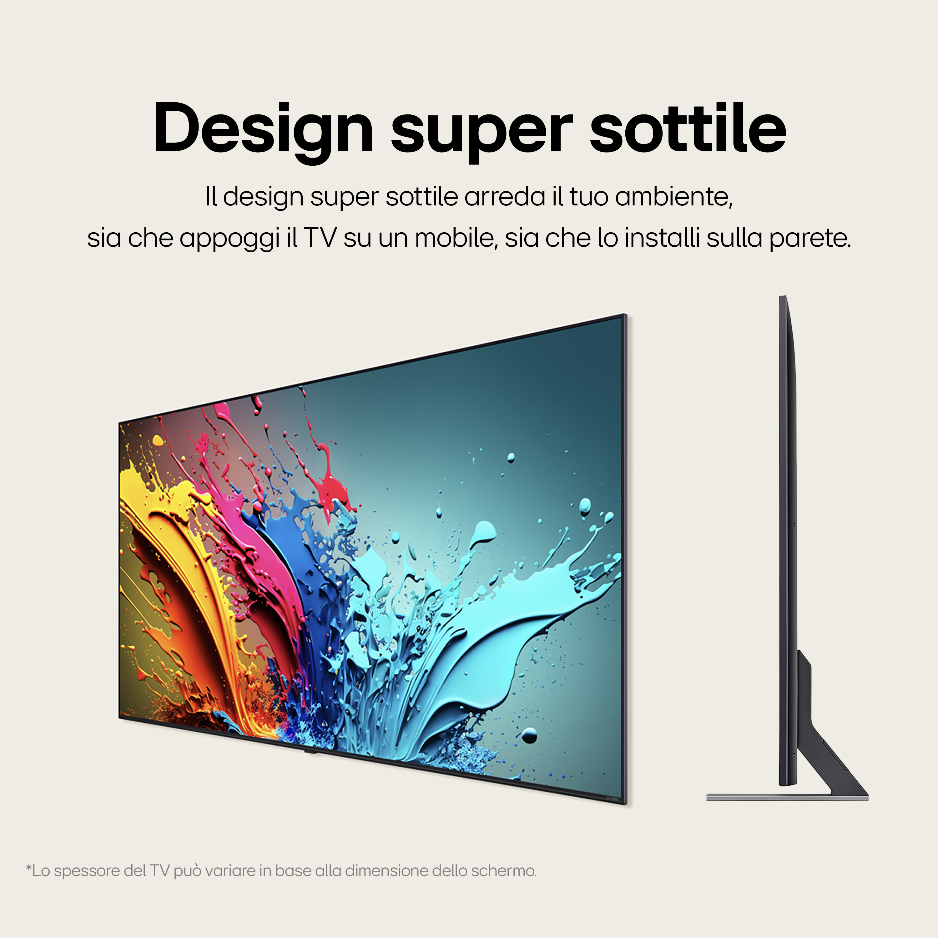 Una TV con un'immagine astratta colorata, con una vista laterale e un testo che dice 'design super sottile'.