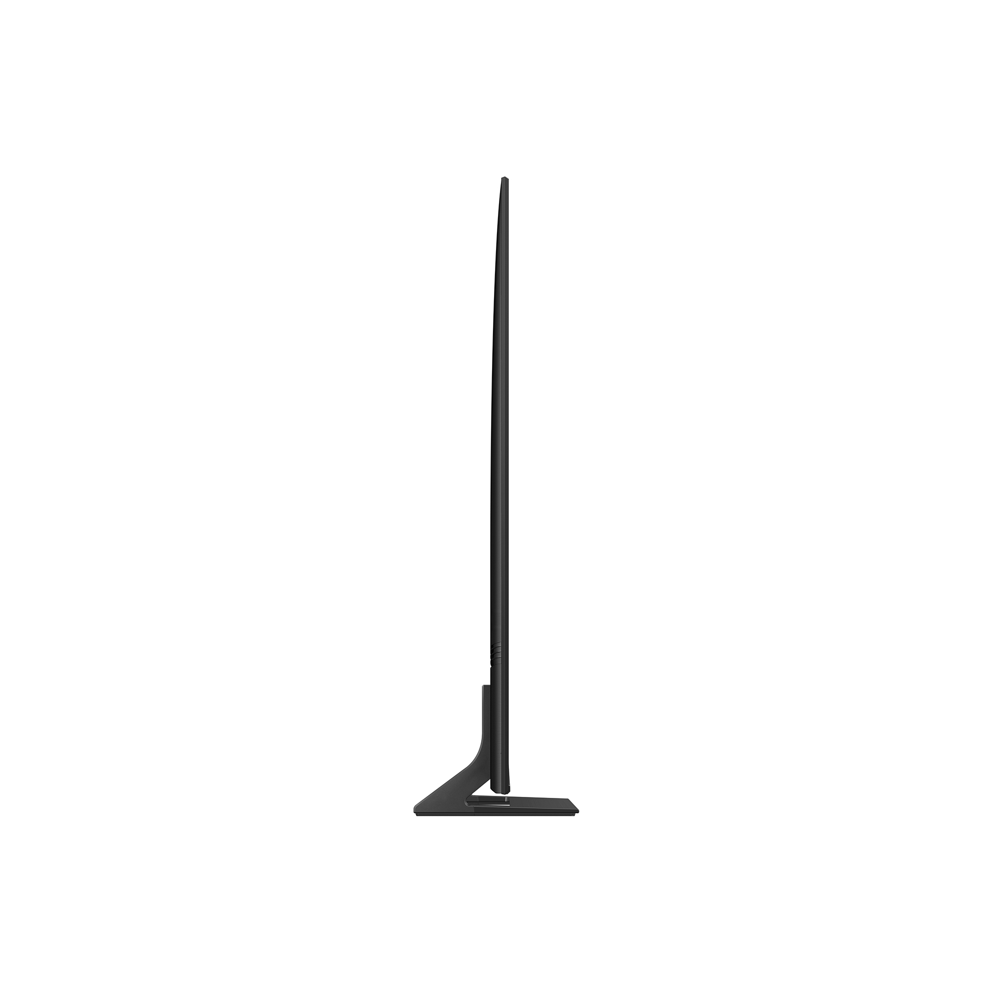 Una vista laterale di un Samsung Crystal UHD TV su un supporto nero, su sfondo bianco.