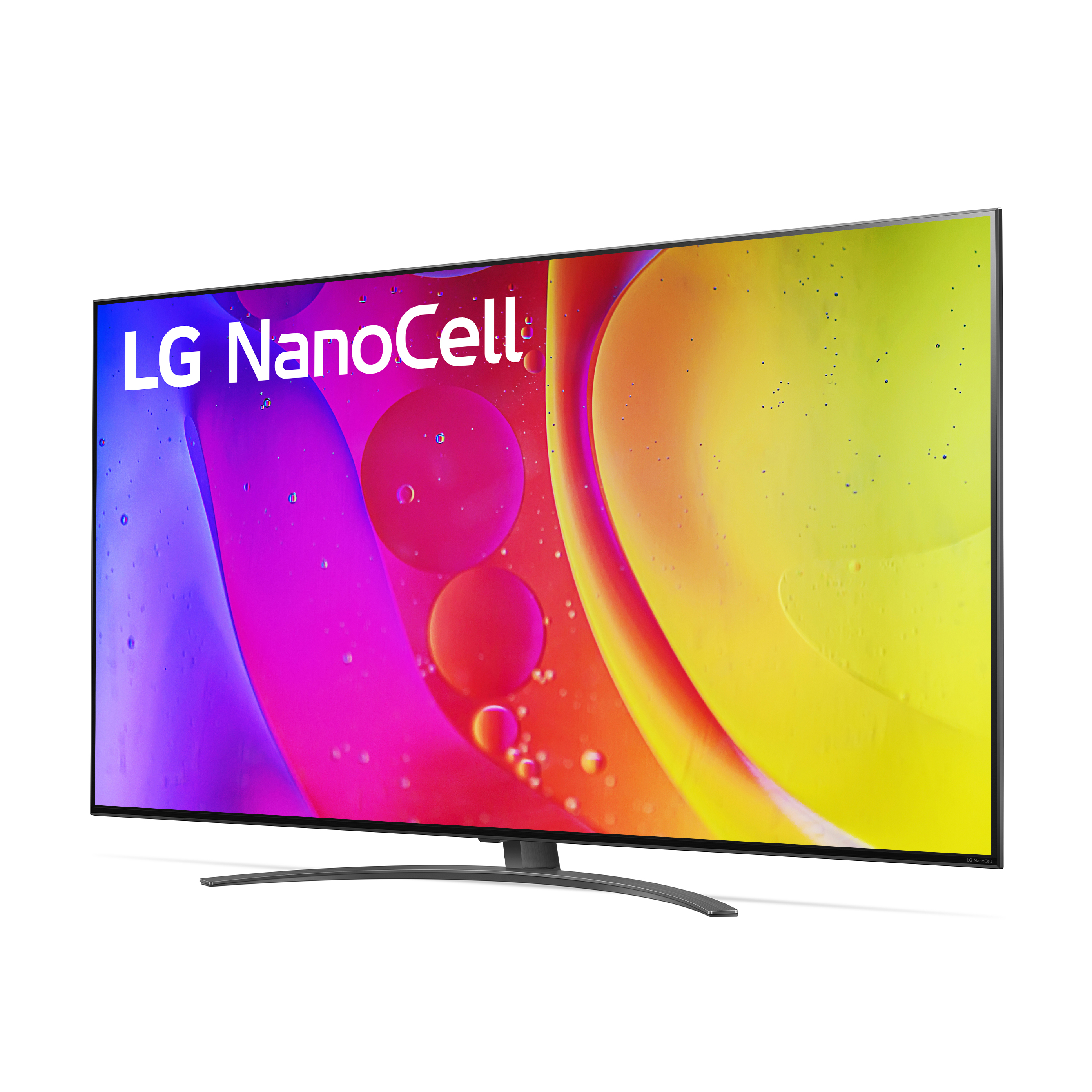 TV LG NanoCell, schermo colorato con forme astratte, supporto curvo.
