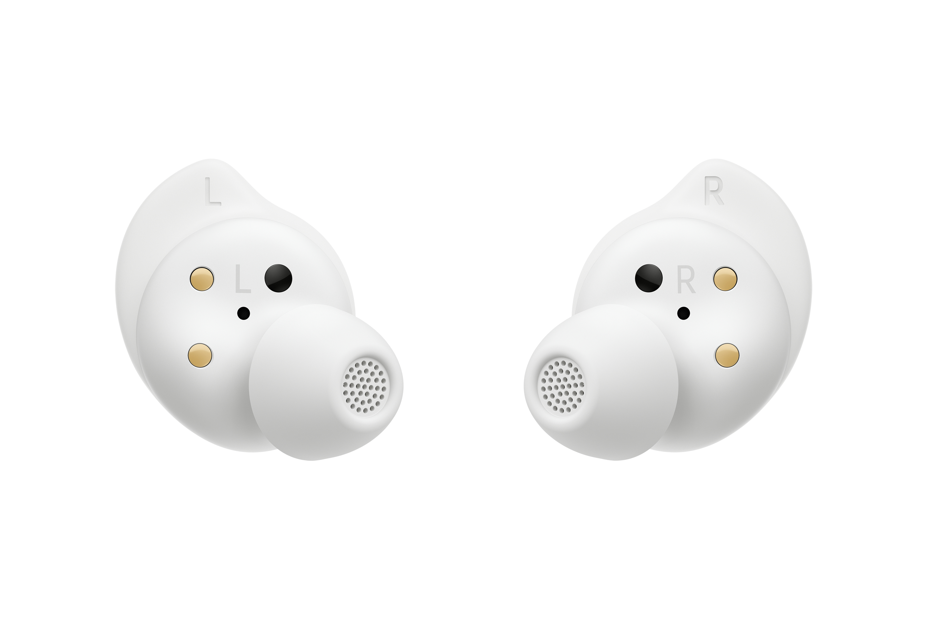Białe bezprzewodowe słuchawki douszne. Każda słuchawka ma złote akcenty i oznaczenia 'L' i 'R'.
