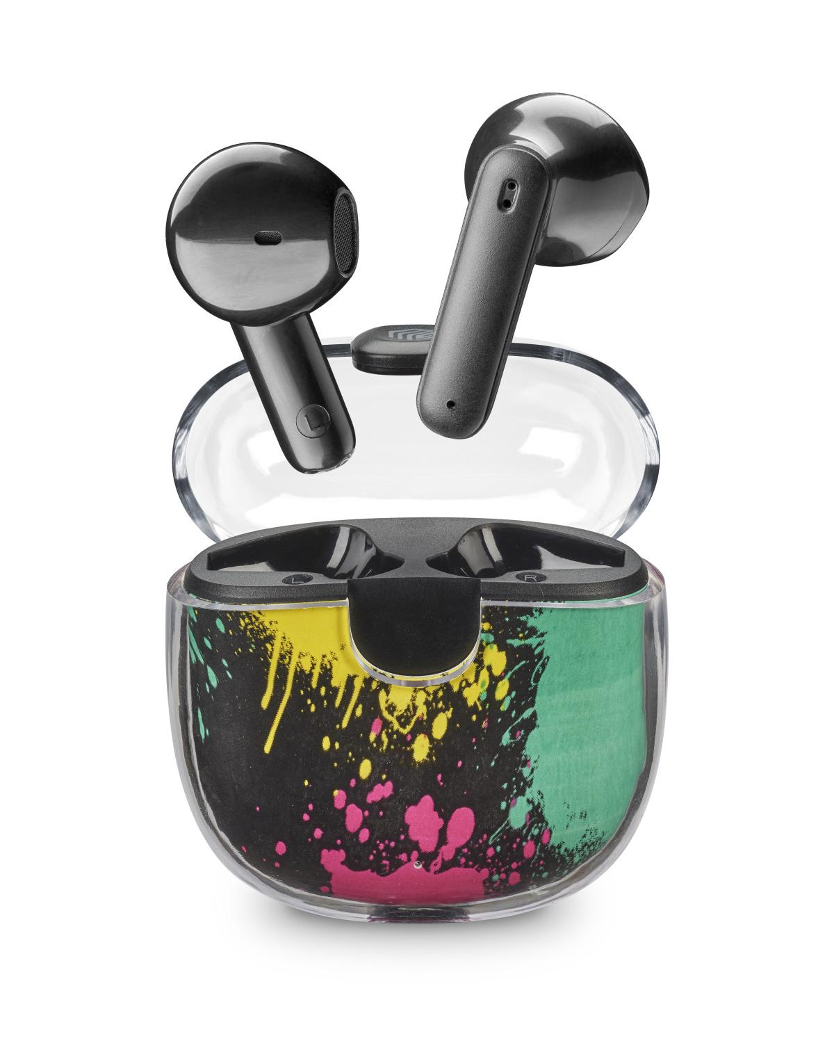 Schwarze Ohrhörer mit buntem Case. Das Case ist geöffnet. Buntes Farbspritzer-Design.