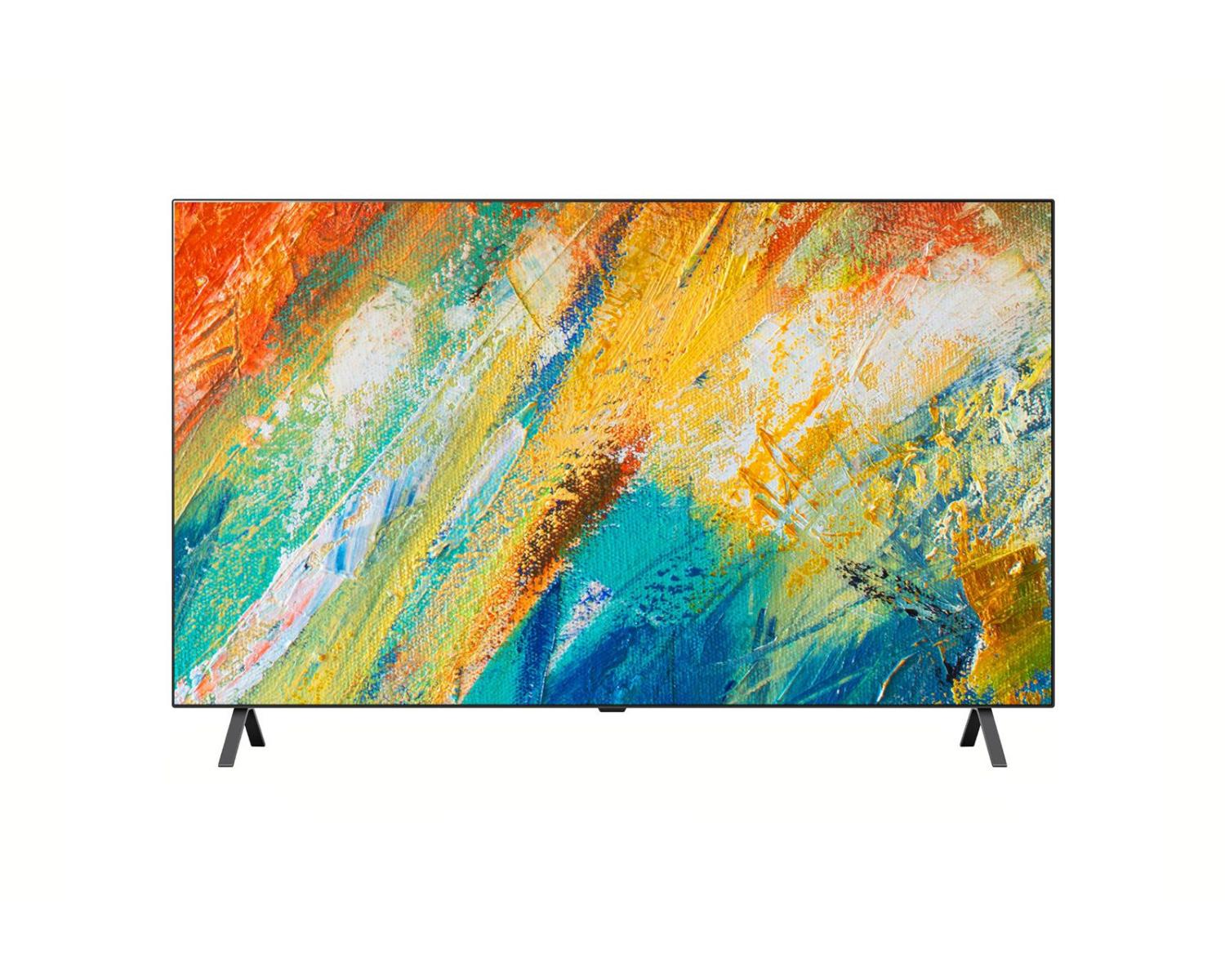 Un televisor de pantalla plana que muestra una pintura abstracta colorida con marco negro y dos patas negras.
