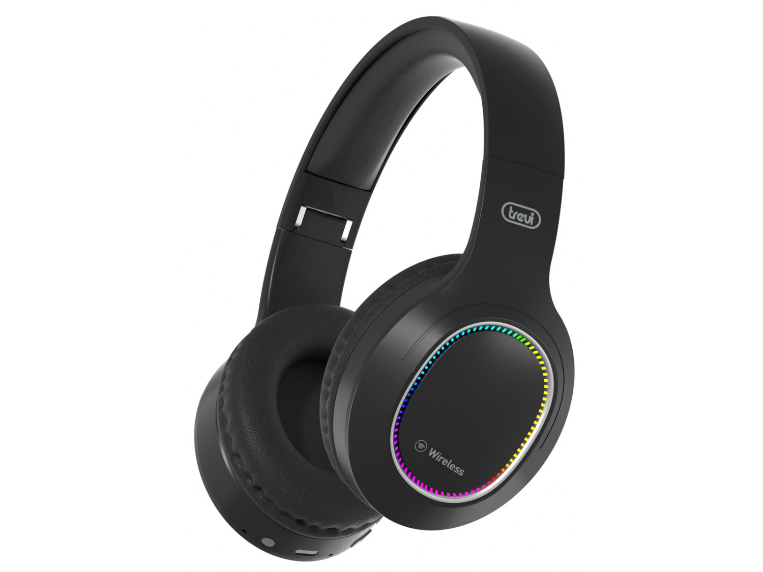 Cuffie wireless nere con un anello di luce colorato e il marchio Trevi sul lato.