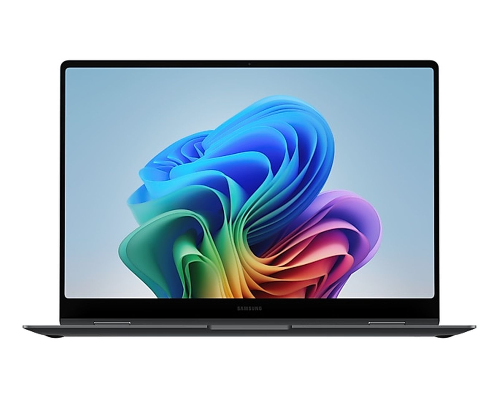 Otwarty laptop Samsung z kolorową abstrakcyjną tapetą.