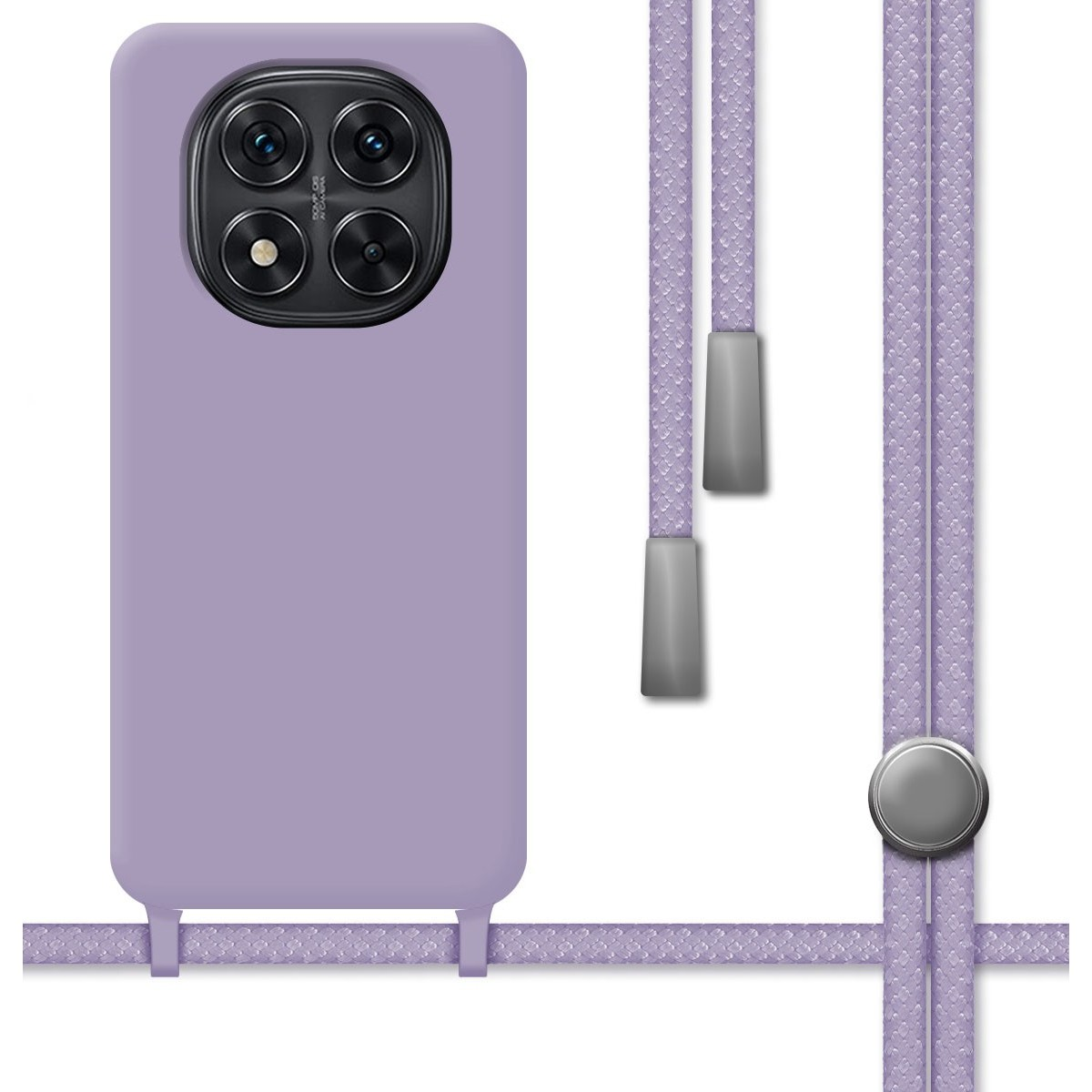 Custodia per telefono lavanda con cordino lavanda. La custodia ha un modulo fotocamera e un pulsante.
