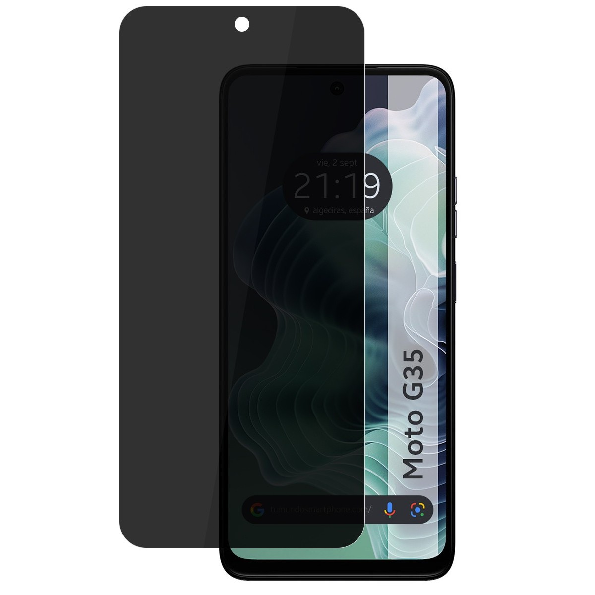 Un proteggi schermo e un telefono con schermo scuro. Il telefono ha le parole "Moto G35".