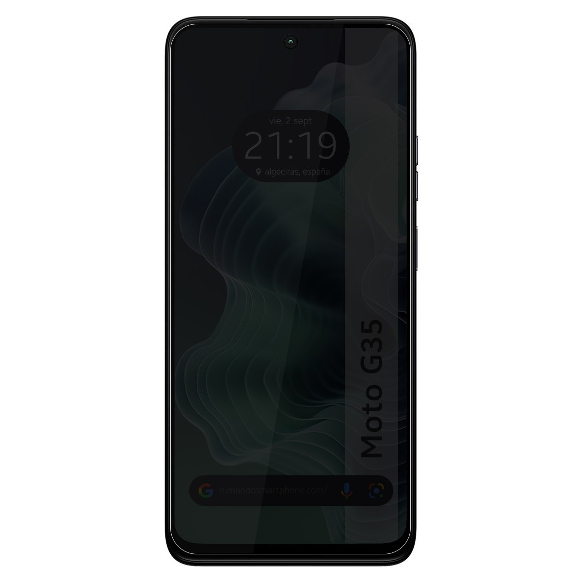 Schermo del telefono nero. Lo schermo mostra ora e data. Telefono con custodia nera.