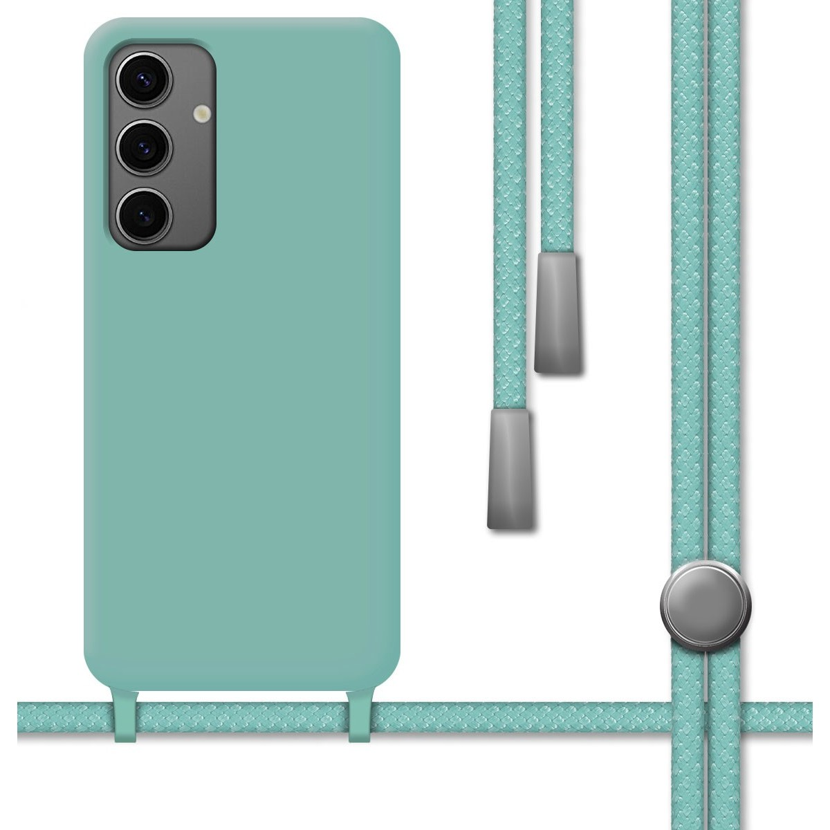 Custodia per telefono verde con cinturino a corda, il telefono non è visibile.