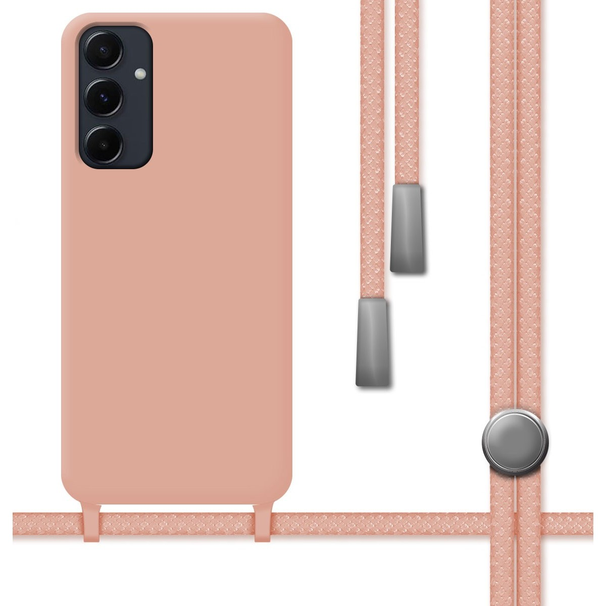 Custodia per telefono rosa con un cordino rosa. Il telefono ha tre fotocamere.