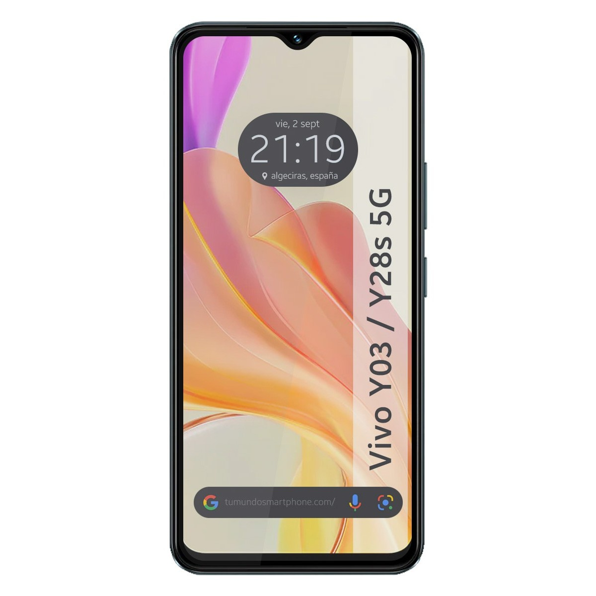 Uno smartphone con un display di colore chiaro. Lo schermo mostra l'ora e la data. Il telefono è verticale.