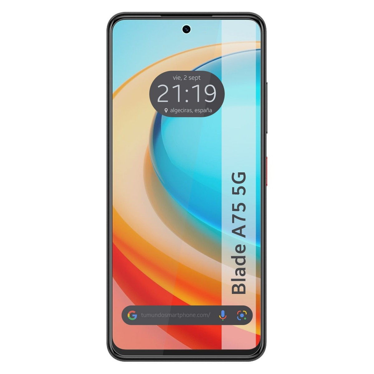 Schermo dello smartphone con data e ora. Il telefono è bianco e ha un accento rosso.