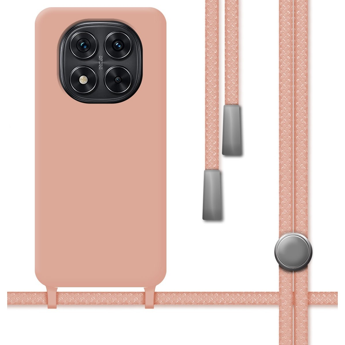 Custodia per telefono rosa e un cordino abbinato.