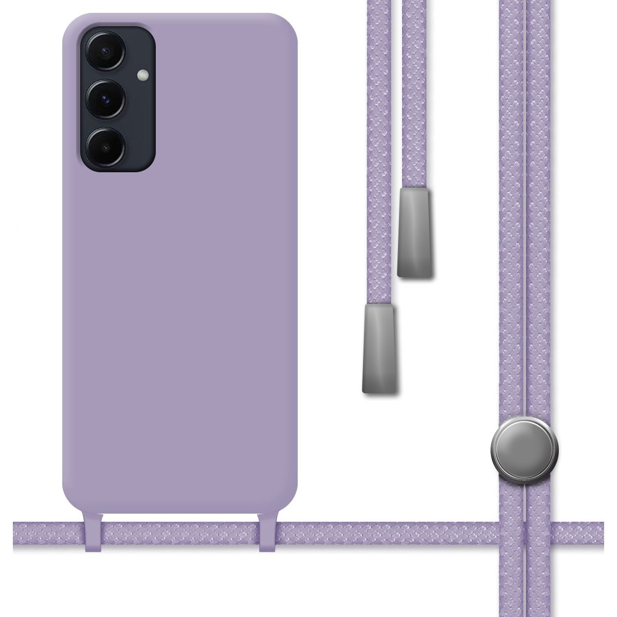 Custodia per telefono viola con cordino viola. La custodia ha un modulo fotocamera con tre lenti.