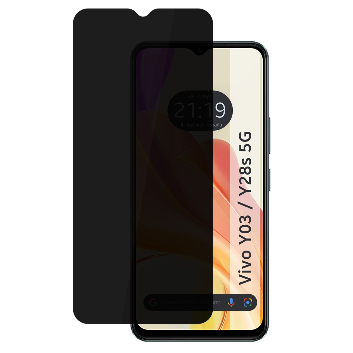 Uno smartphone con protezione schermo, che mostra un orologio e un'interfaccia di app mobile.