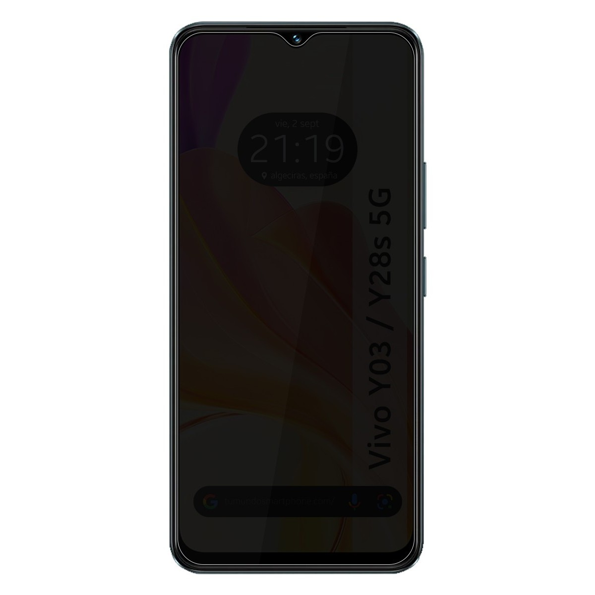 Schermo dello smartphone che mostra ora, data e posizione. Telefono nero con notch a goccia.
