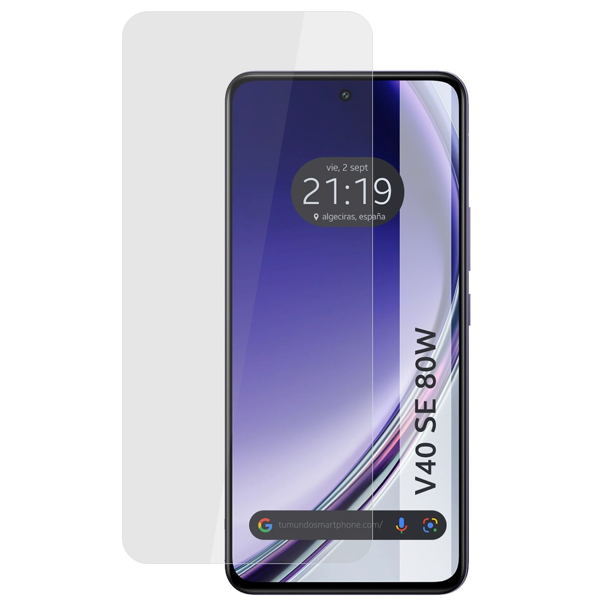 Cellulare con protezione schermo, mostra dettagli di ora e posizione.