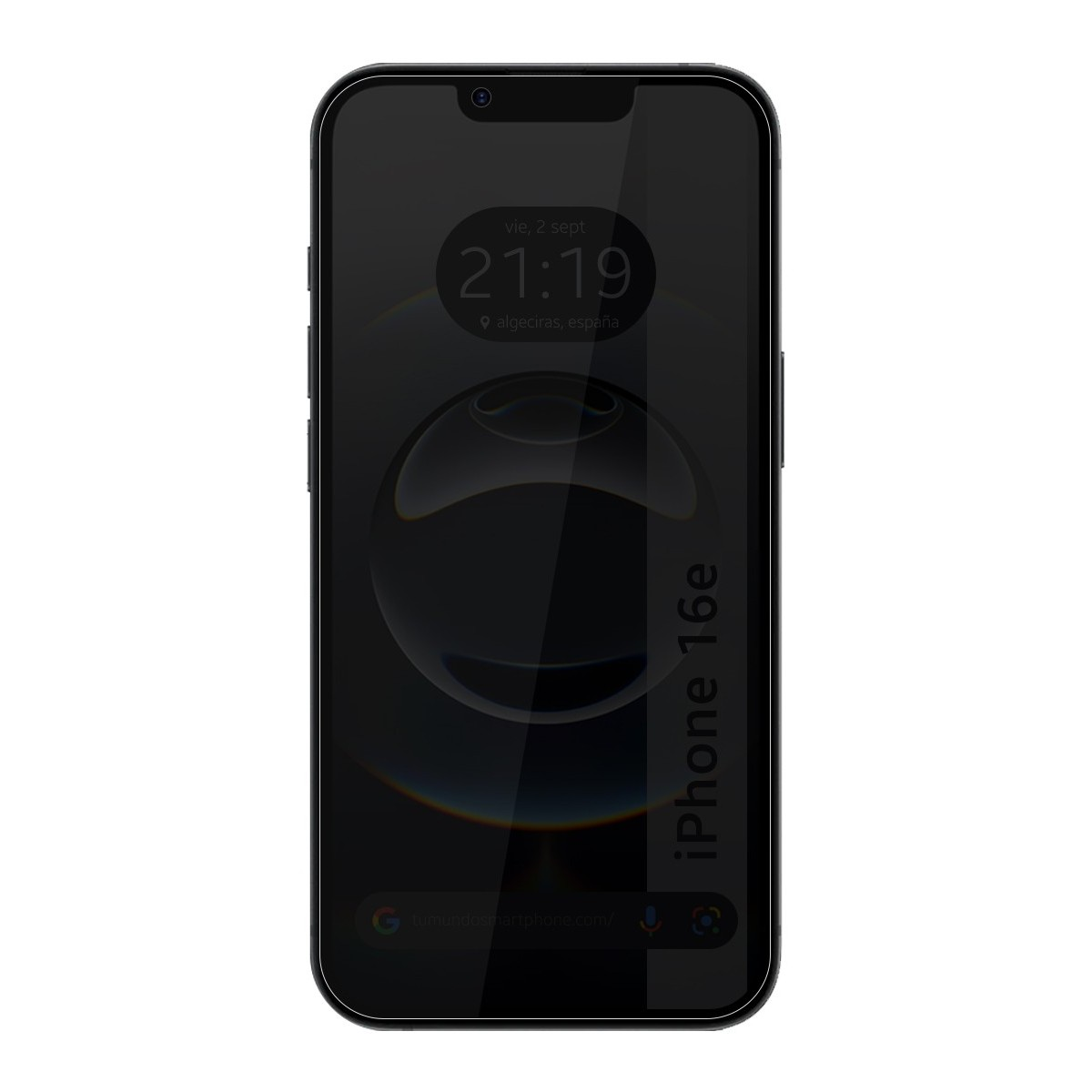 Un iPhone 16e nero con l'ora 21:19 e la posizione Algeciras, Spagna.