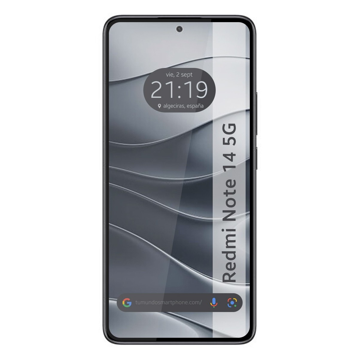 Smartphone Redmi Note 14 5G, che mostra ora e data, sfondo bianco.