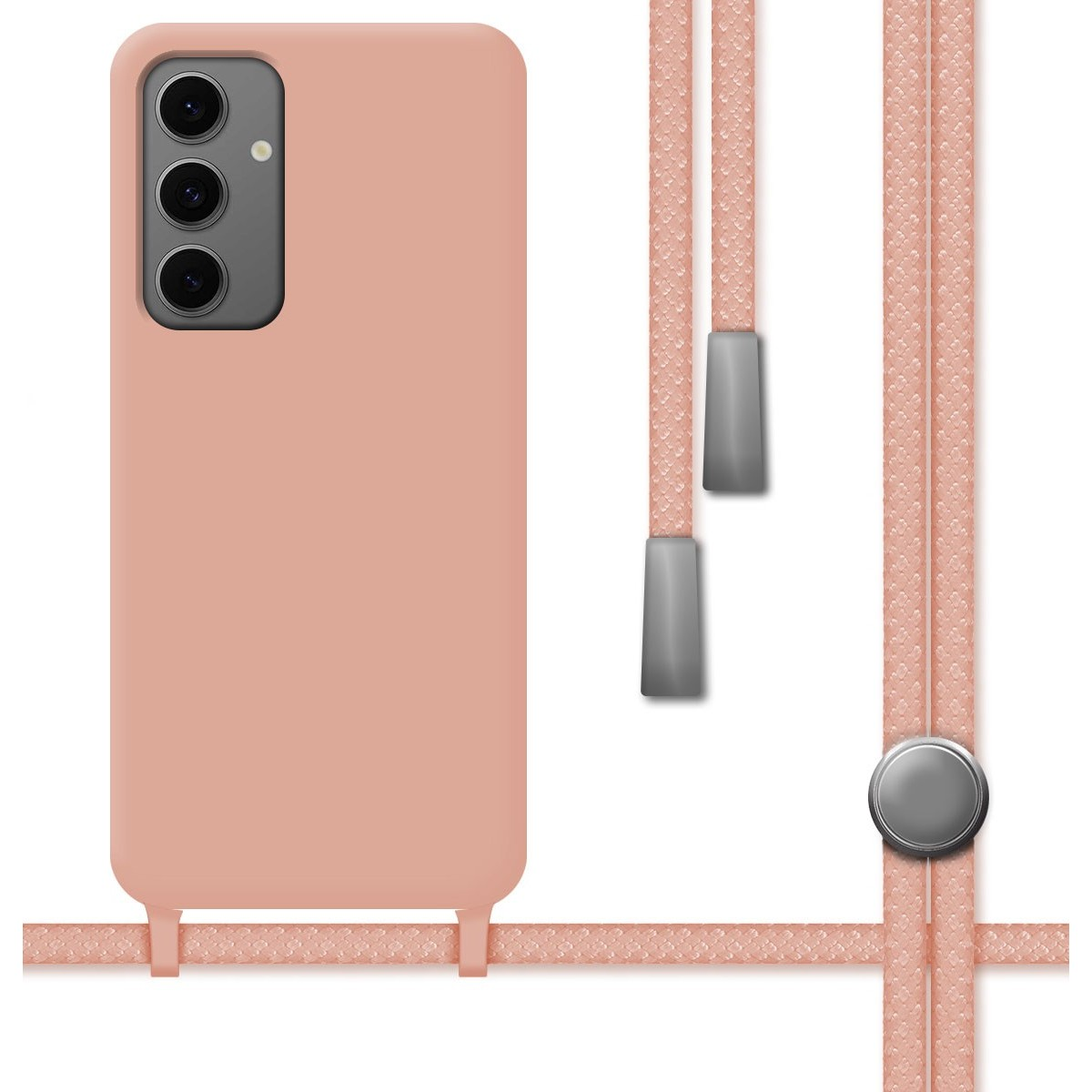 Custodia rosa per telefono con cordino rosa e attacchi grigi.