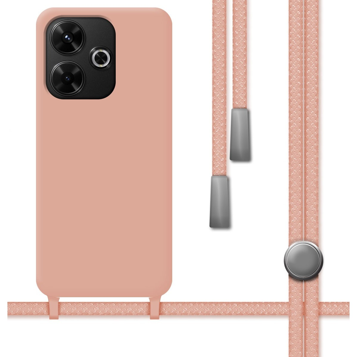 Custodia per telefono rosa con cordino rosa e bottone argentato. Lo sfondo è bianco.