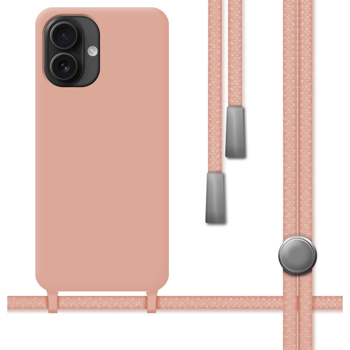 Custodia per telefono rosa con cordino. La custodia ha una fotocamera e una superficie liscia. Il cordino è rosa con accenti grigi.
