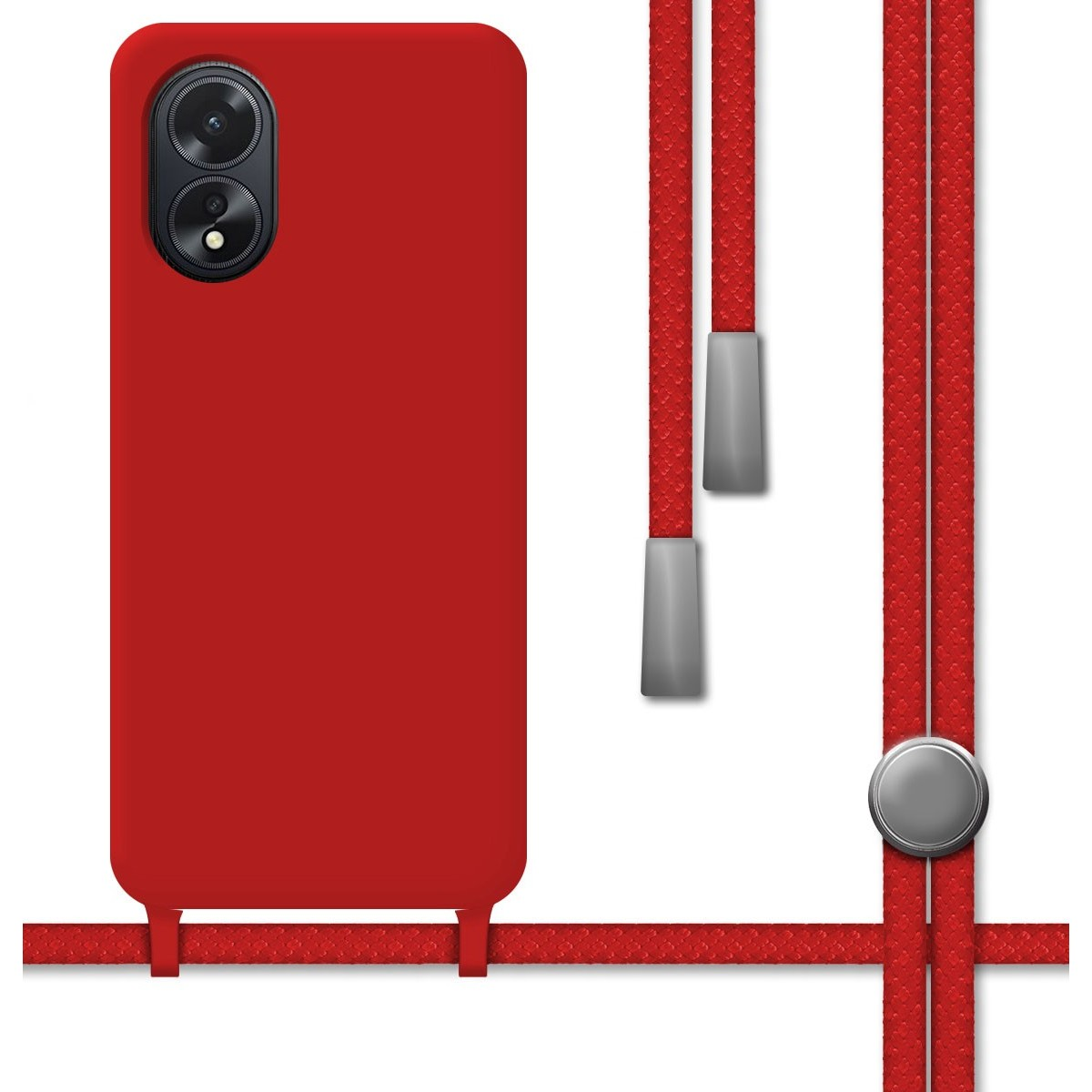 Custodia per telefono rossa con cinturino, la custodia ha due fotocamere. Sfondo bianco.