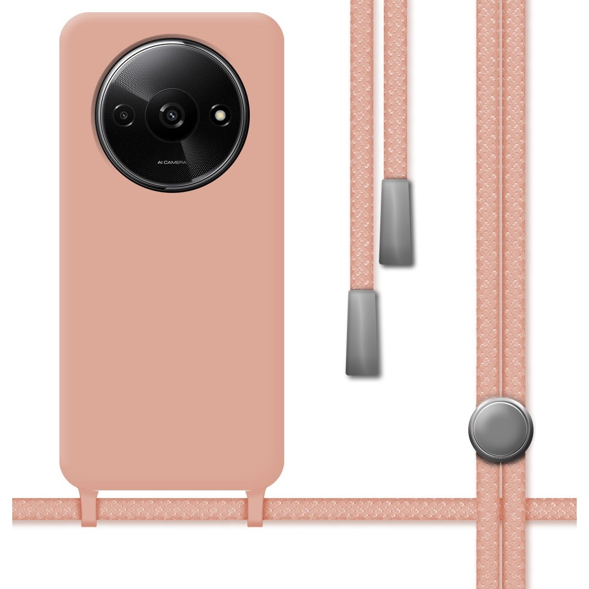 Custodia per telefono rosa con cordino. La custodia ha una fotocamera e una superficie liscia. Il cordino è rosa con accenti grigi.
