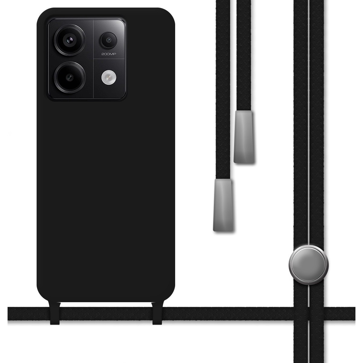 Custodia per telefono nera con fotocamera e design per l'attacco di una cinghia.