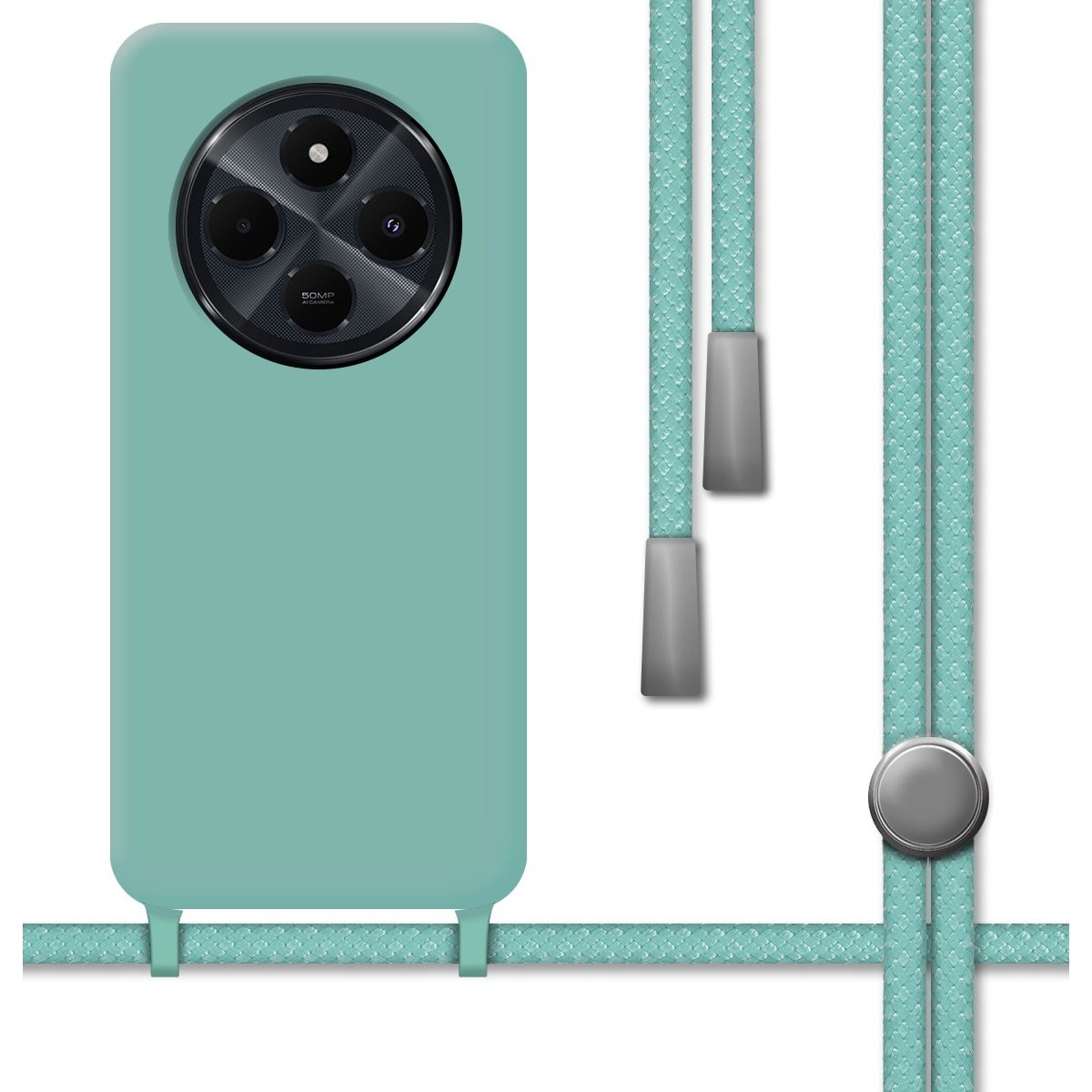 Telefono con custodia verde menta e cordino abbinato. Tre fotocamere visibili.