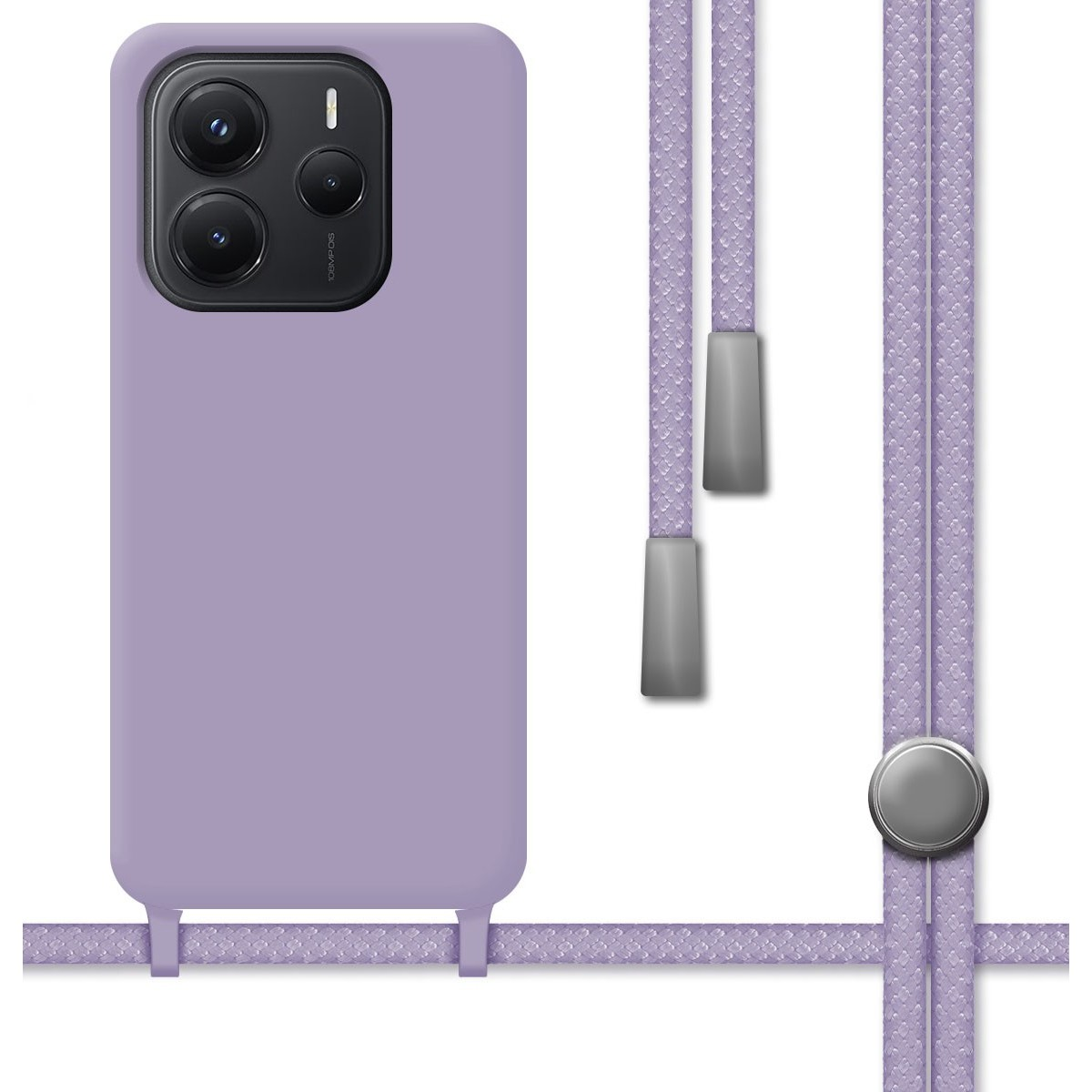 Custodia per telefono lavanda con cordino abbinato e accessori argentati. Il telefono è a sinistra.