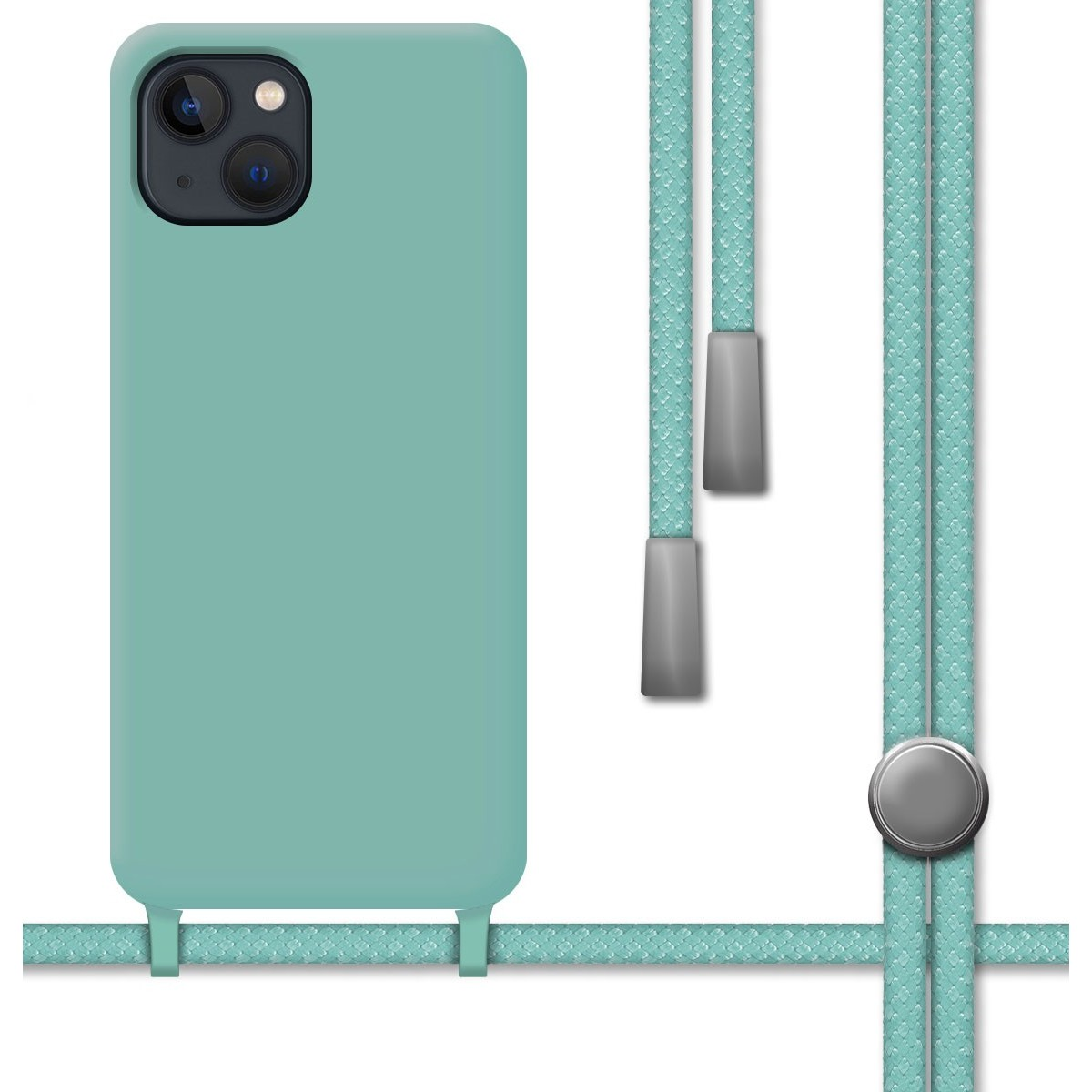 Una custodia per telefono verde menta con un cordino abbinato. Il cordino ha fermi grigi e una chiusura argentata.